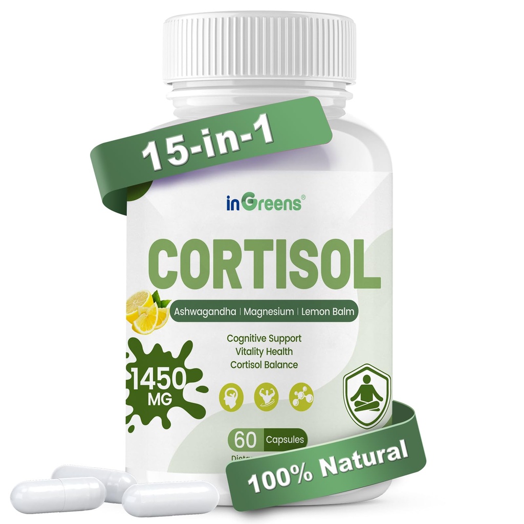 inGreens Cortisol Supplement, 15-in-1 Cortisol Manager with Ashwagandha, L-Theanine & Magnesium, Supports Cortisol Health, Relaxation & Restful Sleep, 60 Capsules