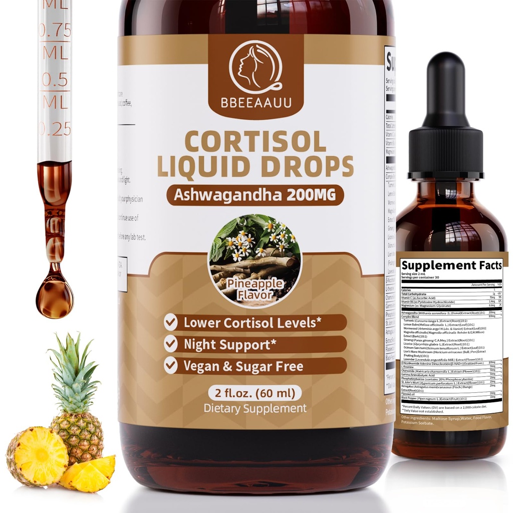 Cortisol Supplements for Women & Men, with 200mg Ashwagandha, L-Theanine & Phosphatidylserine, 21-in-1 Cortisol Manager Reducer Liquid Drops, Support Night, Focus & Energy, Pineapple, 60ml