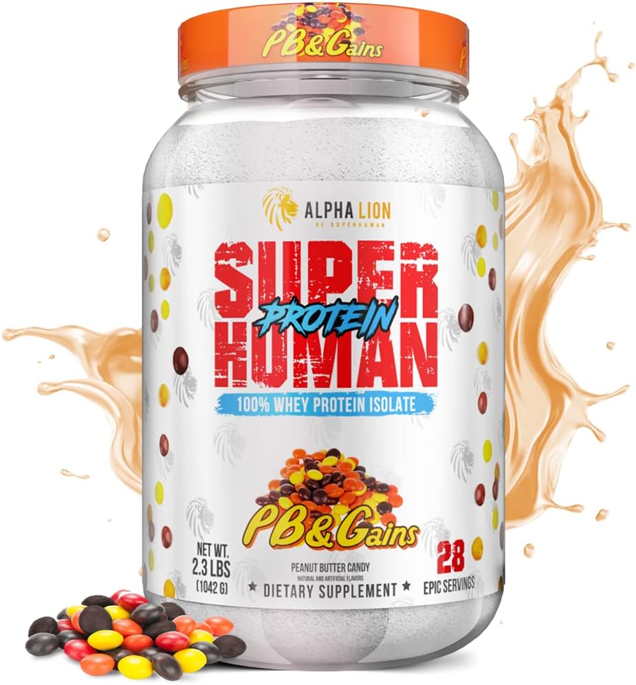 LEONA LION Superhuman Whey Protein Powder, Great Tasting Pure Whey Protein Isolate, Low Carb, Low Sugar, No Bloat Post Workout, Muscle Recovery & Growth (28 Serveringer, PB & Gains)