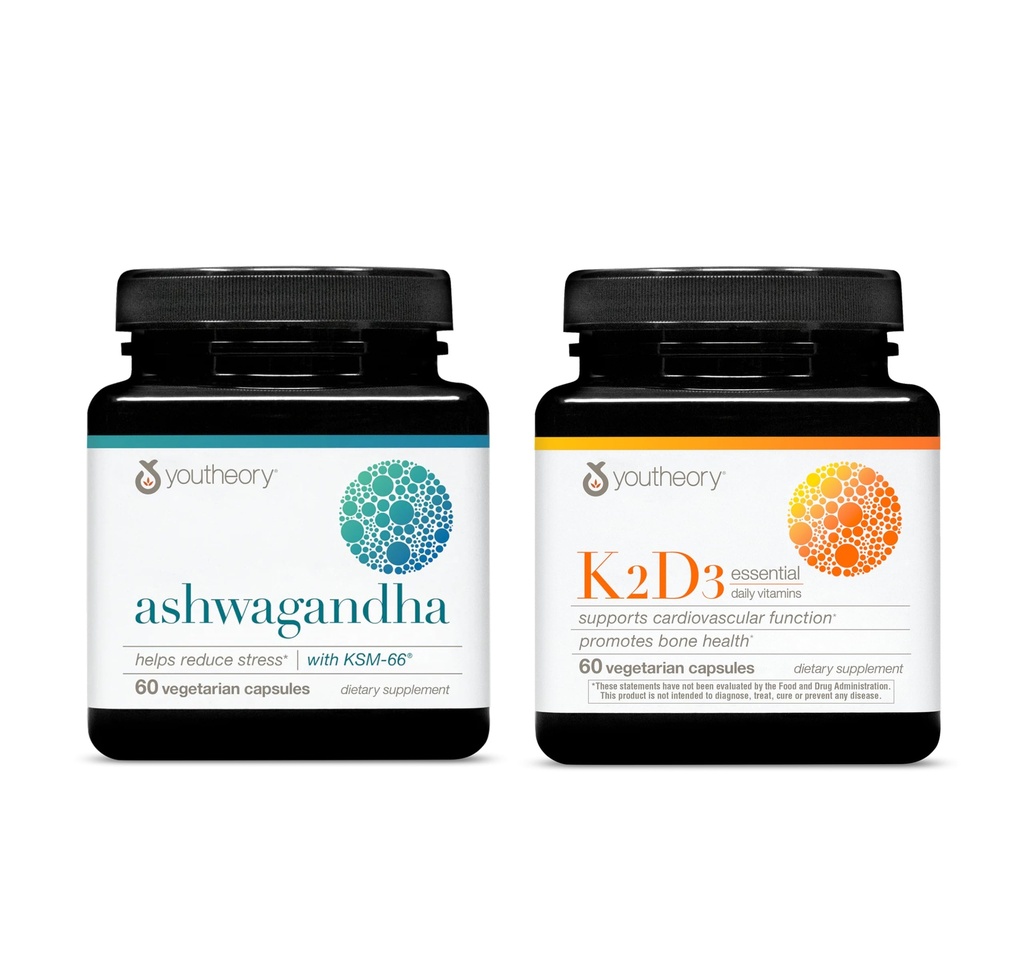 Youtheory Ashwagandha 1,000mg (60 Veg Caps) K2D3 (60 Veg Caps) – Stress & Cortisol Support, Bone & Heart Health* – Gluten, Dairy & Soy Free Supplements for Men & Women