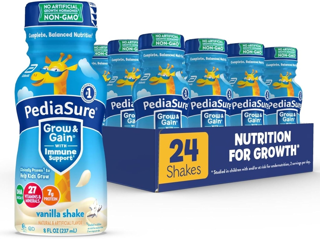 PediaSure Grow & Gain med immunforsvar, 27 vitaminer og mineraler til børn, 7g protein, non-GMO, glutenfri, Vanilla, 8-fl- oz flaske, pakke med 24