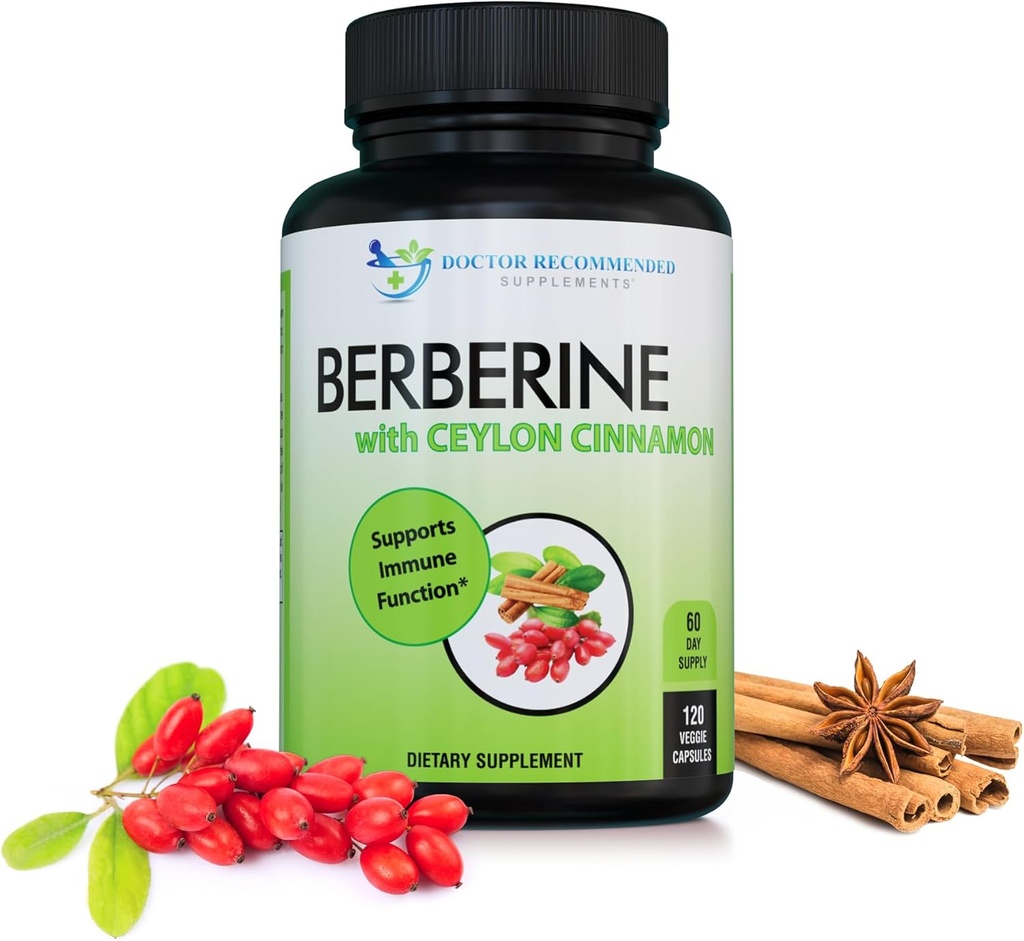 DOCTORHENSTILLEDE TILLÆG Berberine med Ceylon Cinnamon - 1200mg Berberine & 100mg Organic Ceylon Cinnamon - 120 Veggie Capsules, Sund Immunsystem & Gastrointestinal Wellness