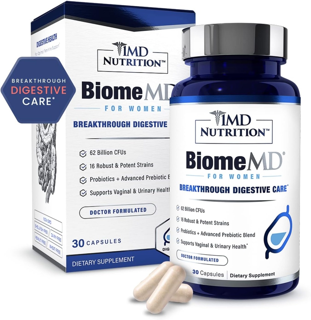1MD Nutrition BiomeMD Probiotics for Women - Daily Prebiotics and Probiotics for Women - More Than 60 Billion CFUs, 15 Strains - Womens Probiotic to Support Urinary & Vaginal Health - 30 Capsules