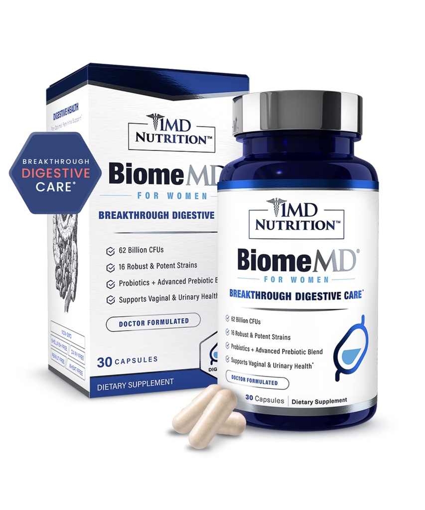 1MD Nutrition BiomeMD Probiotika for kvinder - Daglige Prebiotika og Probiotika for kvinder - Mere end 60 Millioner CFU 'er, 15 Stammer - Kvinder Probiotika til støtte urinære & vaginal sundhed - 30 Kapsler