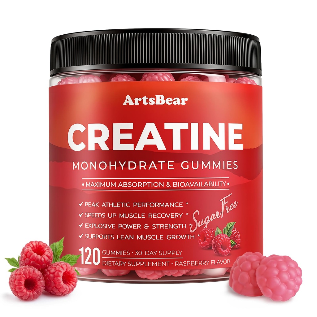 Creatine Monohydrate Gummies 5000mg with Beta-Alanine, Taurine & B12 - Sugar Free Pre-Workout Supplement for Muscle Growth, Explosive Strength & Recovery - Vegan Raspberry Flavor, 120 Count