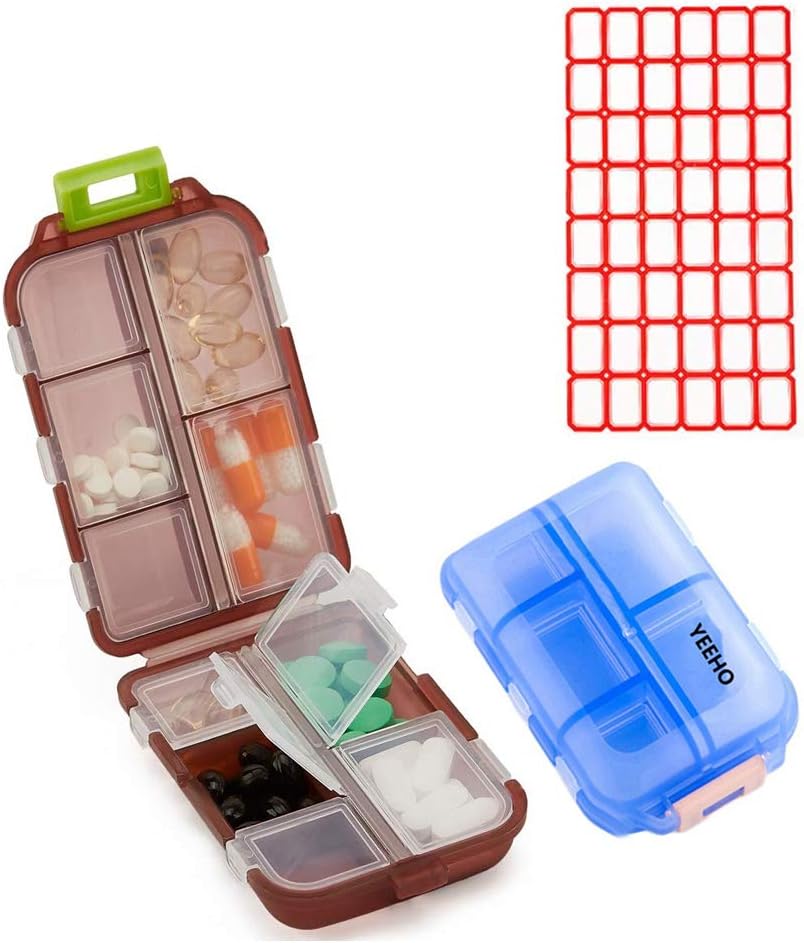 Pill Case (2 Pack) - Bærbare små kosttilskud tabletbeholder Box med 10 kompartmenter - Medicin Vitamin Organizer Dispenser Holder Opbevaring til rejse Trip Pocket Purse (blå + chokolade)