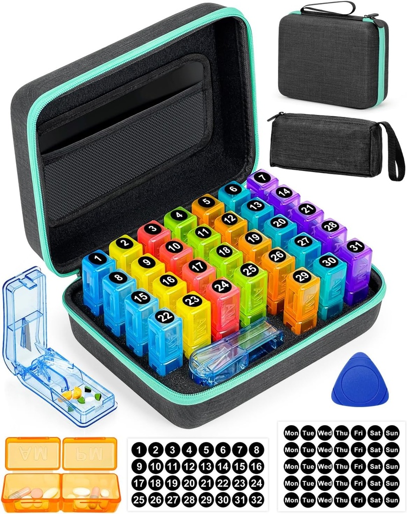 Månedlig Pill Organizer 2 gange om dagen, med Portable Hard Shell, Pill Cutter, 31-Day Box, Plastic Åbning Pick, Månedlige & ugentlige Stickers, Praktisk Medicin Management (2 gange om dagen)
