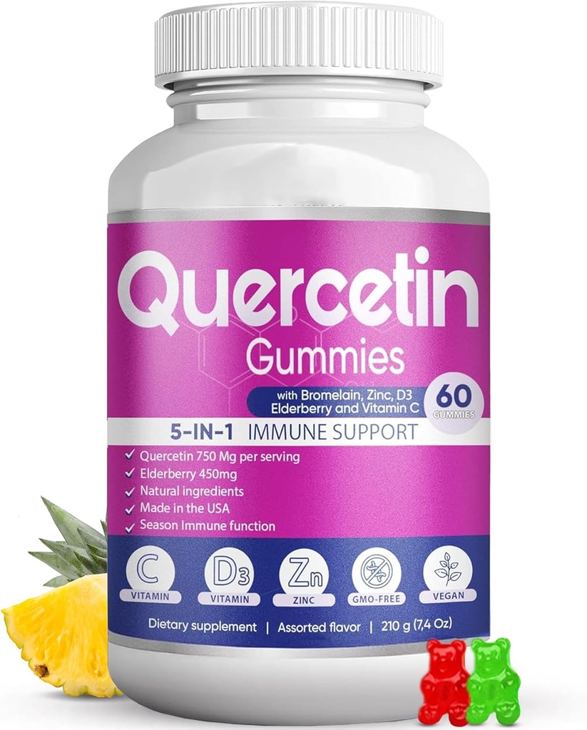 Quercetin Gummies by BioVitalica - Quercetin with Bromelain Vitamin C and Zink & Elderberry + D3- 5 i 1 immunstøtte - Zink Quercetin 750 mg til børn og voksne (1)