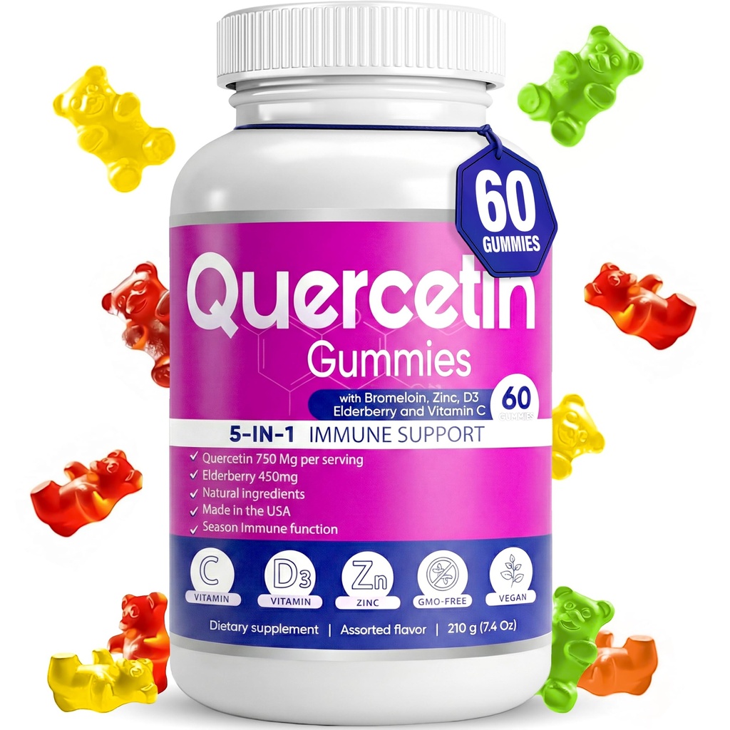 Quercetin Gummies by BioVitalica - Quercetin with Bromelain Vitamin C and Zink & Elderberry + D3- 5 i 1 immunstøtte - Zink Quercetin 750 mg til børn og voksne (1)