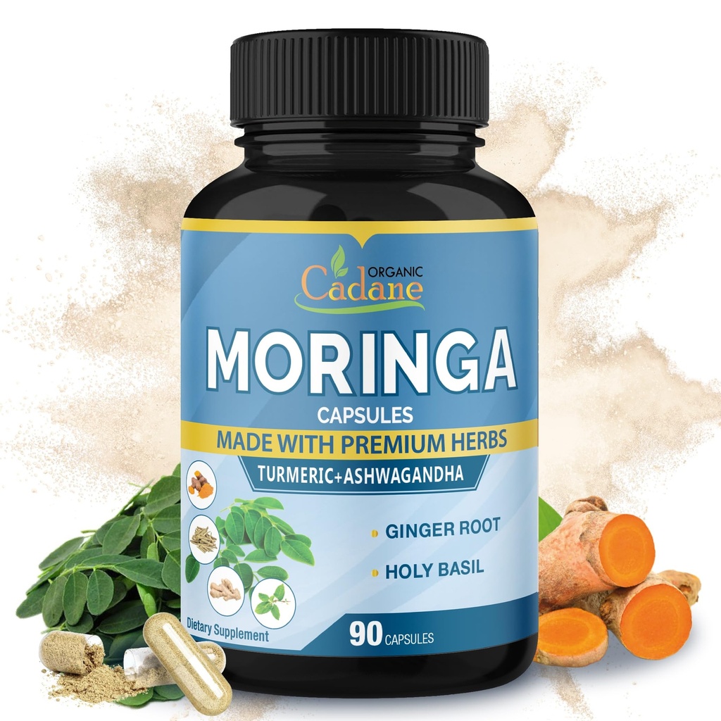 Cadane Moringa Extract Capsules, 3 Months Supply with Ashwagandha, Tulsi, Ginger, Turmeric - Energy Support, Immune System - 90 Capsules