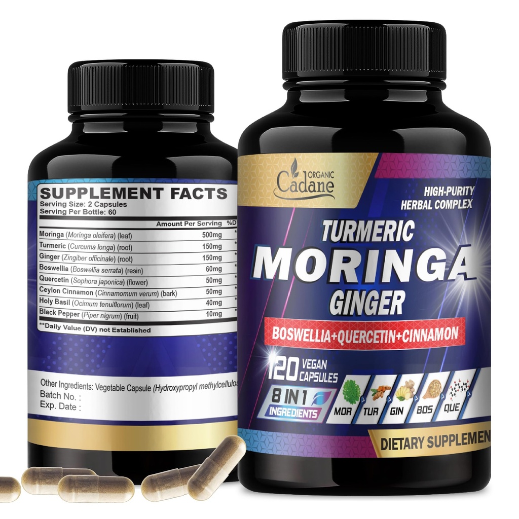 Cadane Moringa Capsules with Turmeric, Boswellia, Quercetin, Ceylon Cinnamon, Holy Basil, Ginger, and Black Pepper - 8in1 Supplements - 120 Veggie Caps for 2 Months Supply
