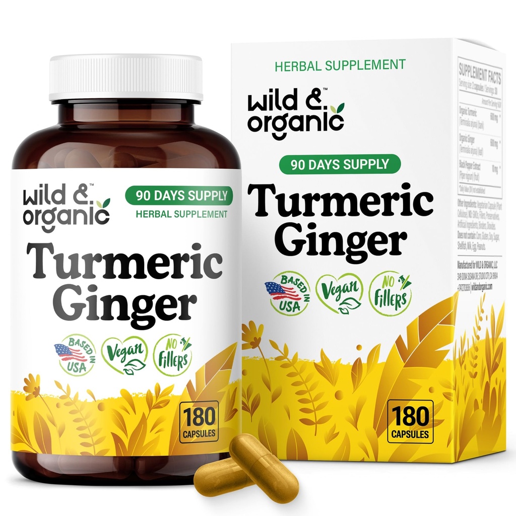 Wild & Organic Turmeric and Ginger Supplement Capsules - Mobility & Immune Support - Turmeric with Ginger and Black Pepper Capsules - 90 Days of Supply - Vegan, No Fillers, Non-GMO - 180 Count
