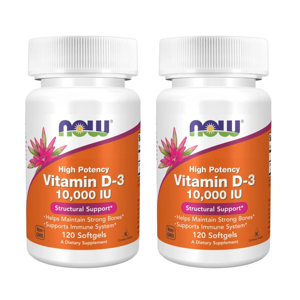 Now Foods High Potency Vitamin D-3, 10.000 IE, 120 Softgels, 2 Pack