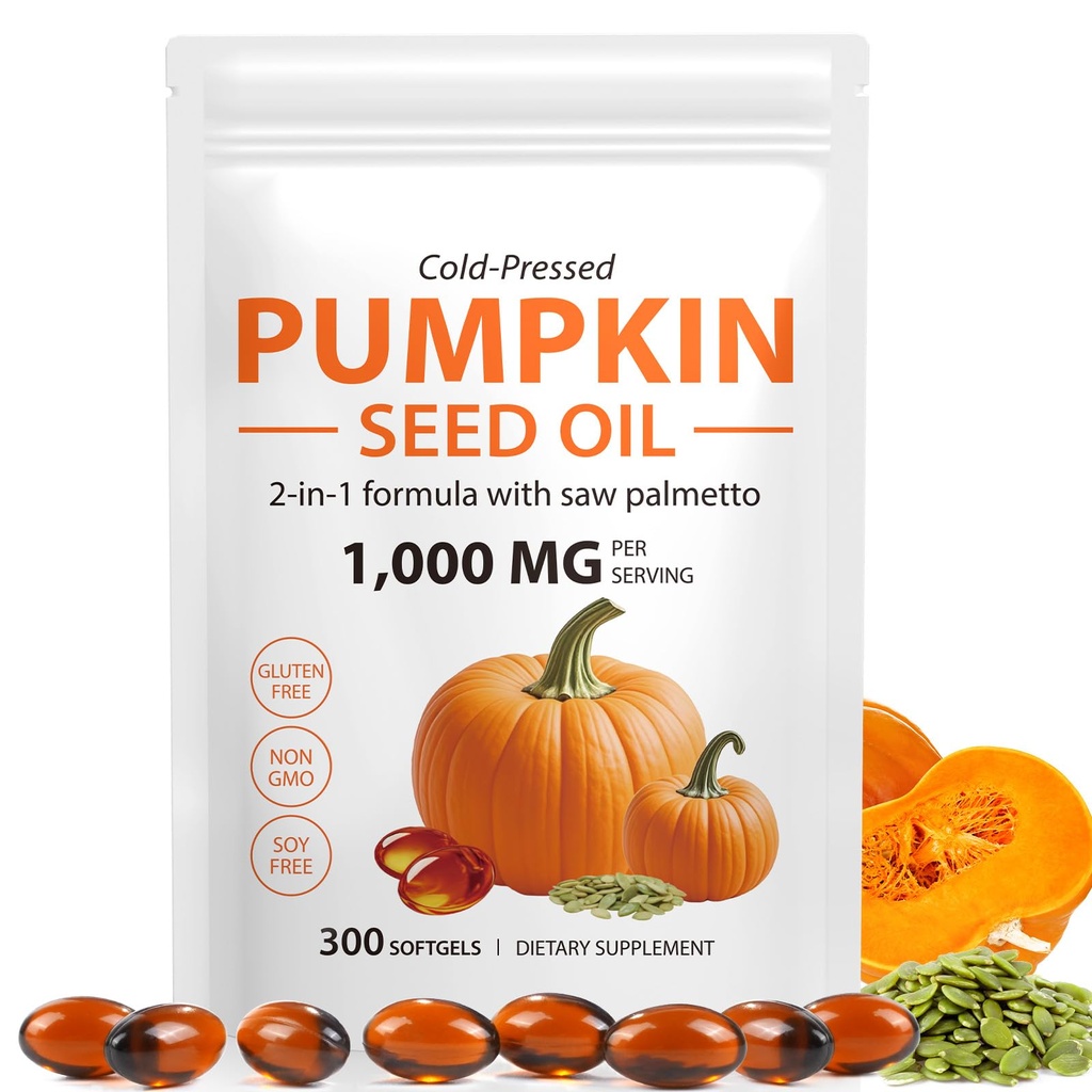 Pumpkin Seed Oil with Saw Palmetto Capsules, 1000mg Per Serving, Supports Hair, Urinary & Prostate Health - Cold Pressed, Pure Virgin Oil, Essential Fatty Acids & Phytosterols, Non-GMO - 300 Softgels