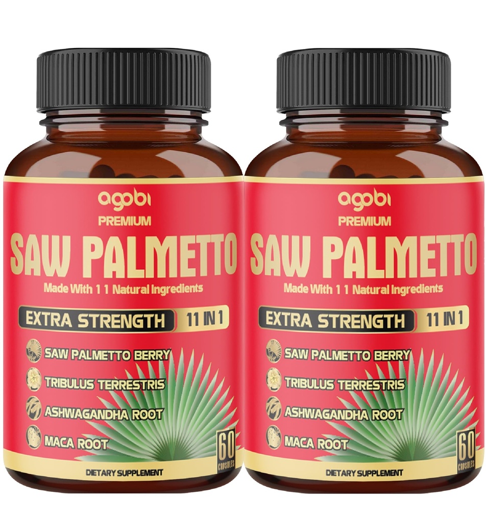 2 Packs 60 Counts 4 Months - Saw Palmetto Capsules 5300 mg - 11in1 with Ashwagandha, Turmeric, Tribulus, Maca, Green Tea, Holy Basil & More - Extract for Prostate, Skin & Immune Support