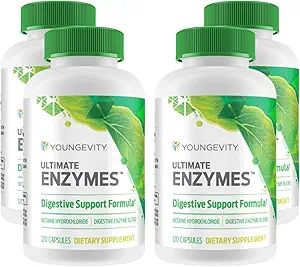 Youngevity Ultimate Enzymes ® - Multi Enzymes til fordampning, Gas & Bloating Relief - Betaine HCl, Ox Bile, Pancreatin 10X, Papain 6M, Pepsin 1: 3000 (120 kapsler - 4 pakke)
