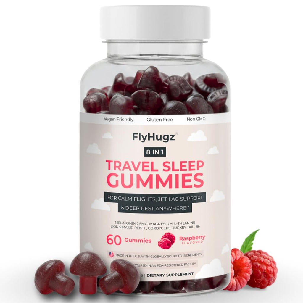 FlyHugz Travel Sleep Support Gummies for Adults with Melatonin L Theanine and Magnesium 60 Vegan Gummies 30 Day Supply Supports Relaxation Calm and Restful Sleep Raspberry Flavor