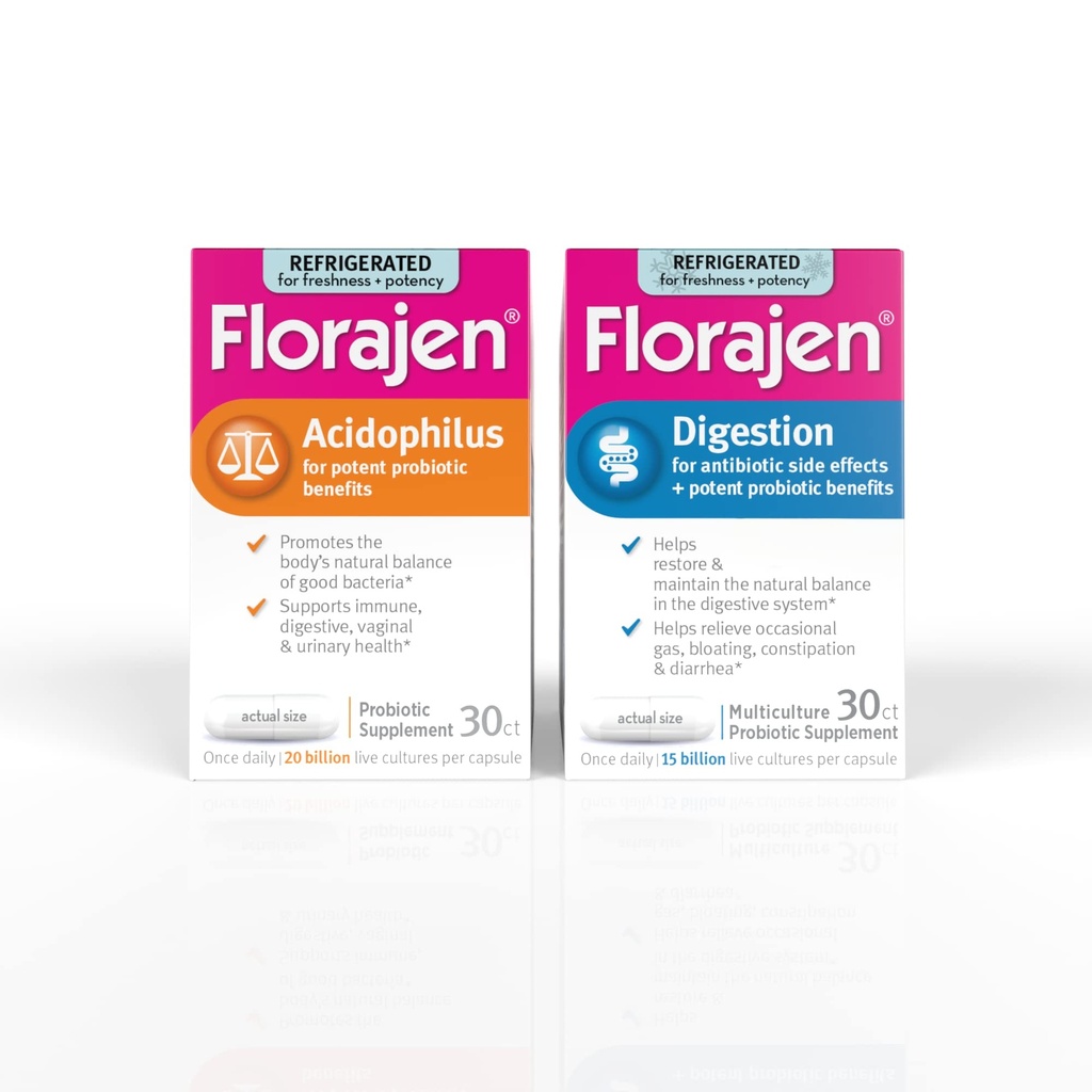 Florajen Probiotics Variety Pack - Acidophilus for Gut, Vaginal, & Immune Support & Digestion Probiotics for Bloating, Constipation, & Gut Health - Refrigerated for Freshness & Potency - 60 Capsules