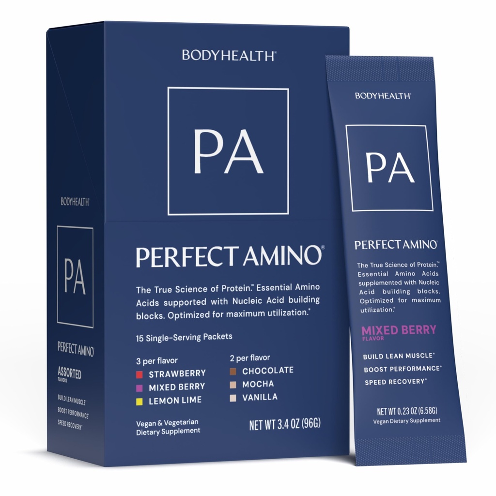 BodyHealth PerfectAmino Powder - BCAA and EAA Powder for Pre and Post Workout - Amino Acid Energy Drink for Men and Women to Support Lean Muscle and Recovery - Variety - Stick Packs - 15 Servings