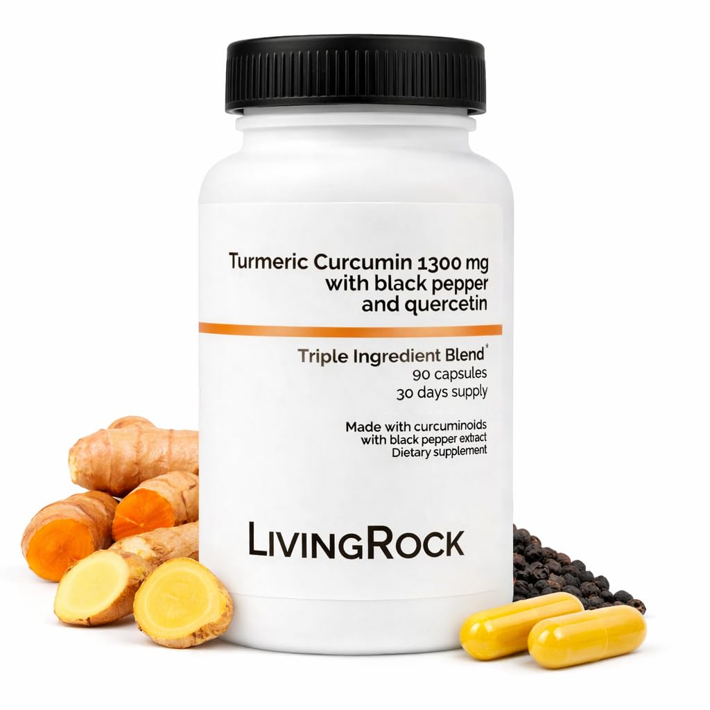 LivingRock Turmeric Curcumin 1300mg Triple Blend Formula with Ginger, Black Pepper, Quercetin, Vitamin E & D3, Plant-Sourced Multi-Ingredient Complex, 90 Vegan Capsules, 30-Day Supply