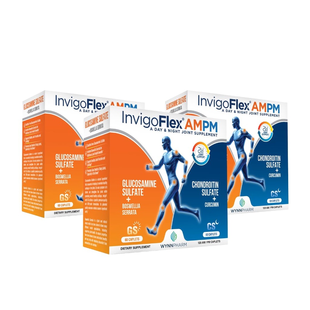 INVIGOFLEX Glucosamine & Chondroitin Sulfate - Turmeric Curcumin - Boswellia Serrata (Non GMO) 24 - Hour Premium Joint Supplement AMPM - 3 Pack