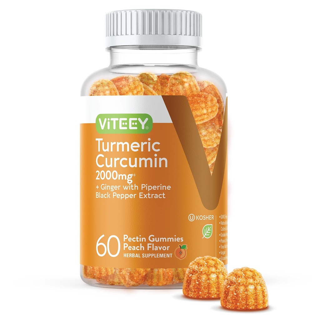 Viteey Turmeric Gummies with Turmeric Curcumin, Ginger & Black Pepper Extract - Immune Support, Healthy Skin, and Joint Health - Vegan, Gelatin Free, GMO Free - Tasty Chewable Peach Flavored-60 Count