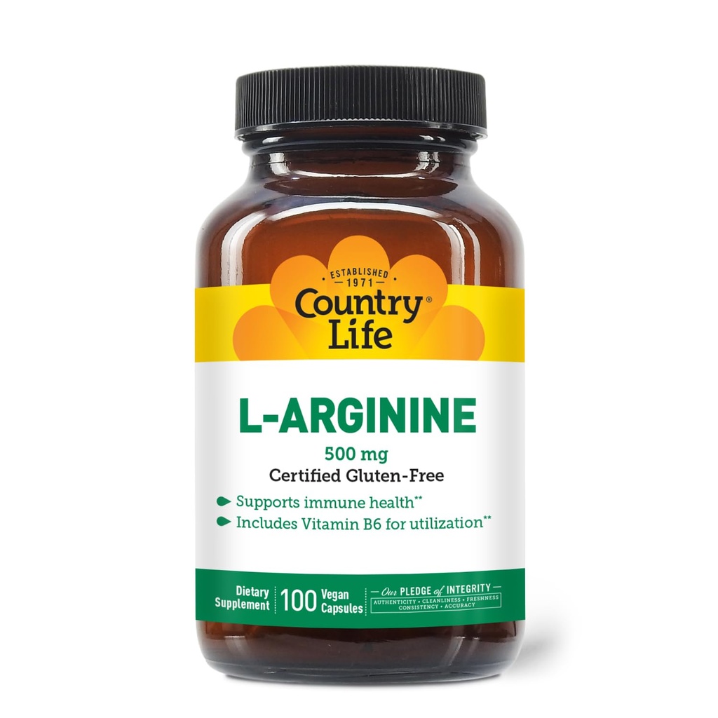 Country Life L- Arginin Caps med vitamin B- 6, 500mg, 100 Vegankapsler, Certificeret Gluten Free, Certificeret Vegan