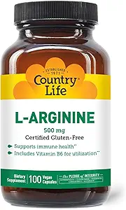 Country Life L- Arginin Caps med vitamin B- 6, 500mg, 100 Vegankapsler, Certificeret Gluten Free, Certificeret Vegan