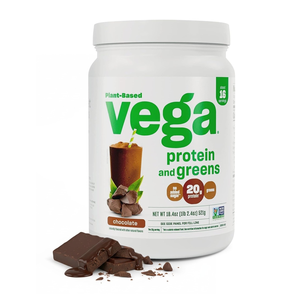 Vega Protein and Greens Protein Powder, Chocolate - 20g Plant Protein Plus Veggies, Vegan, Ikke GMO, Pea Protein for kvinder og mænd, 1.2 lbs (Packaging May Vary)