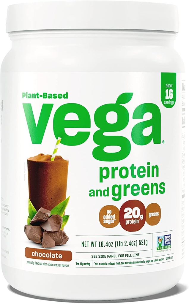 Vega Protein and Greens Protein Powder, Chocolate - 20g Plant Protein Plus Veggies, Vegan, Ikke GMO, Pea Protein for kvinder og mænd, 1.2 lbs (Packaging May Vary)