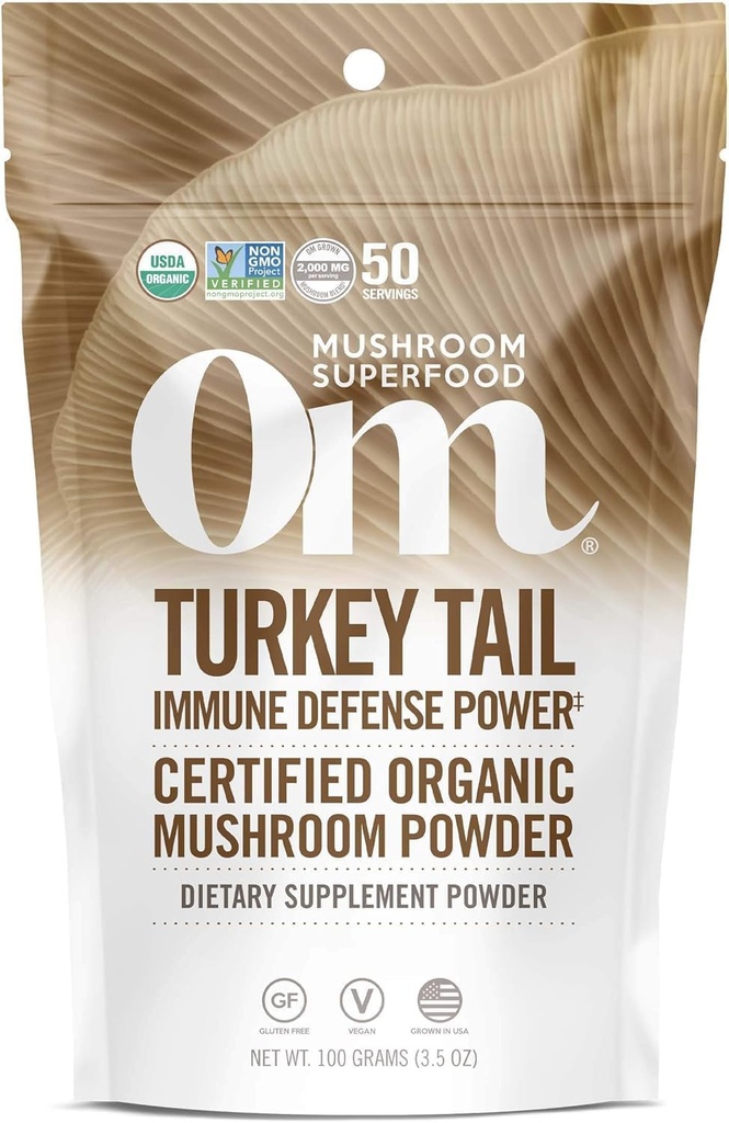 Om Mushroom Superfood Tyrkiet Tail Organic Mushroom Powder, 3.5 Ounce, 50 Servering, Immunstøtte, Polysacchrides, Beta- glucans, Gut Health & Holistic Defense Mushroom Supplement