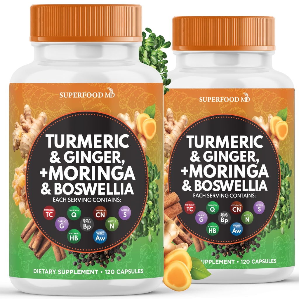 Gurkemeje Moringa Supplementet 124; Ingefær, Boswellia, Safran, Holy Basil- Fælles Support for Kvinder og Mænd med Ceylon Kanel, Quercetin, Tart Cherry - 240 Tæl