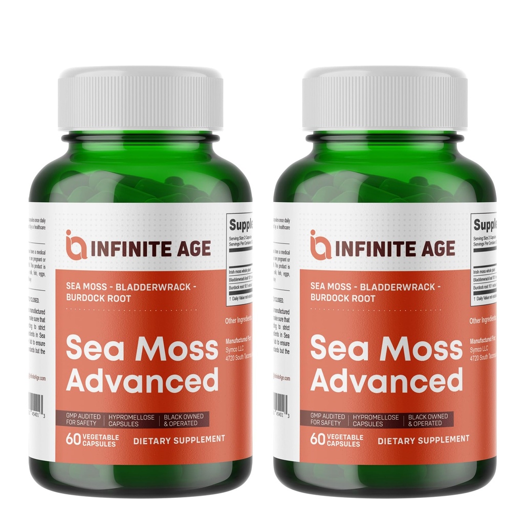 INFINIT AGE 2 Pakke af 1250mg Sea Moss Avancerede Superfood kapsler, 120 Greve - High- Potency, Vegan, Lavet i USA - Irish Seamoss, Bladderwrack, Burdock Root - Samlet sundhed, Immunitet støtte