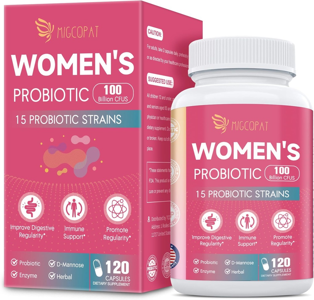 Probiotika til kvinder, 100 milliarder CFU Kvinder Probiotika med Prebiotika, fordøjelsesenzymer, D- Mannose & Cranberry Extract til immunforsvar, Vaginal & Urinary Health, fordøjelsesbalance - 120 kapsler