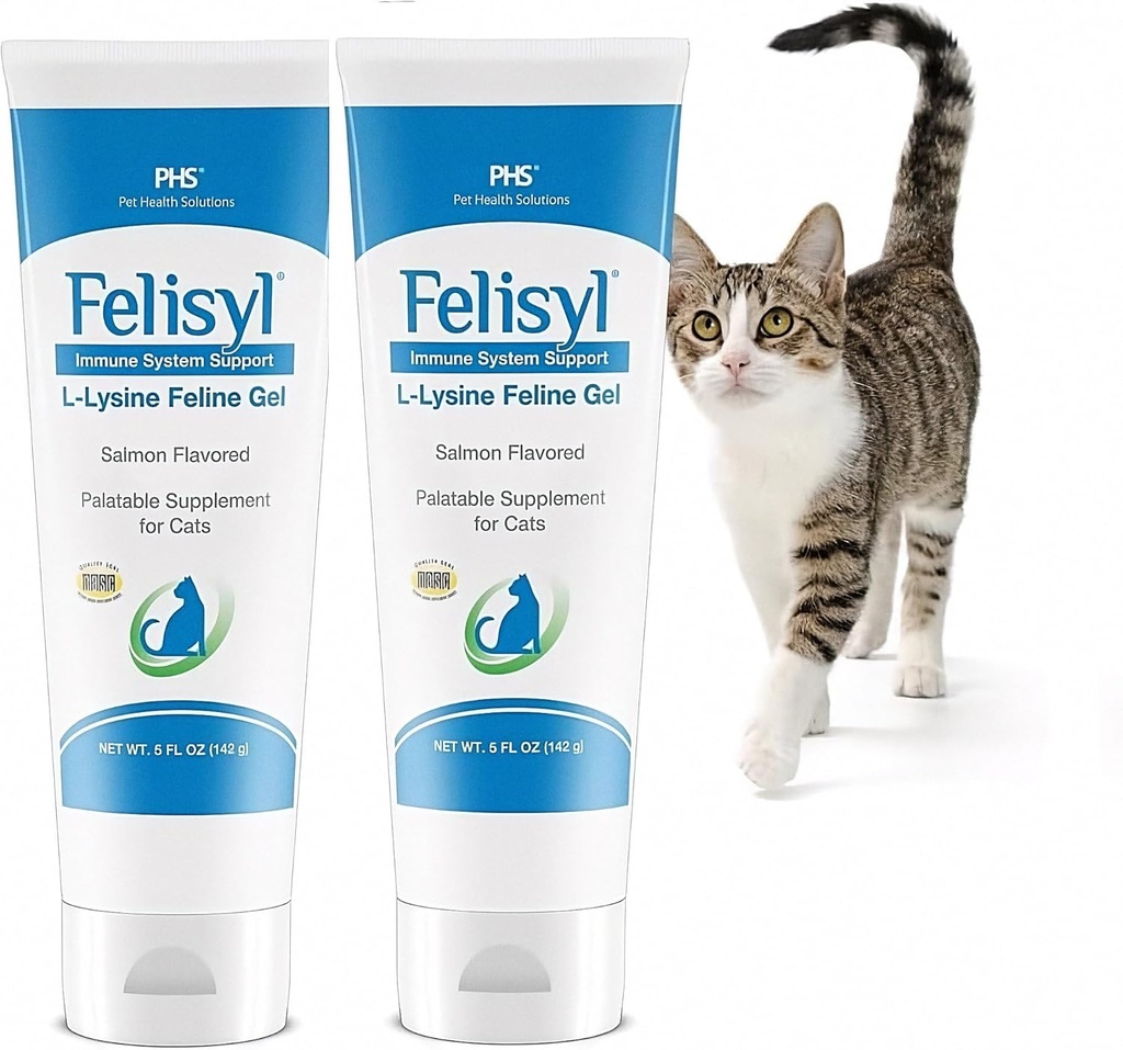 L- Lysin Gel til katte (5oz) - understøtter immunforsvar, luftveje, og øje sundhed. Smager nysen, løgnhals og øjne. Smagfuld Salmon Flavor - Made in The USA (2 Pack)