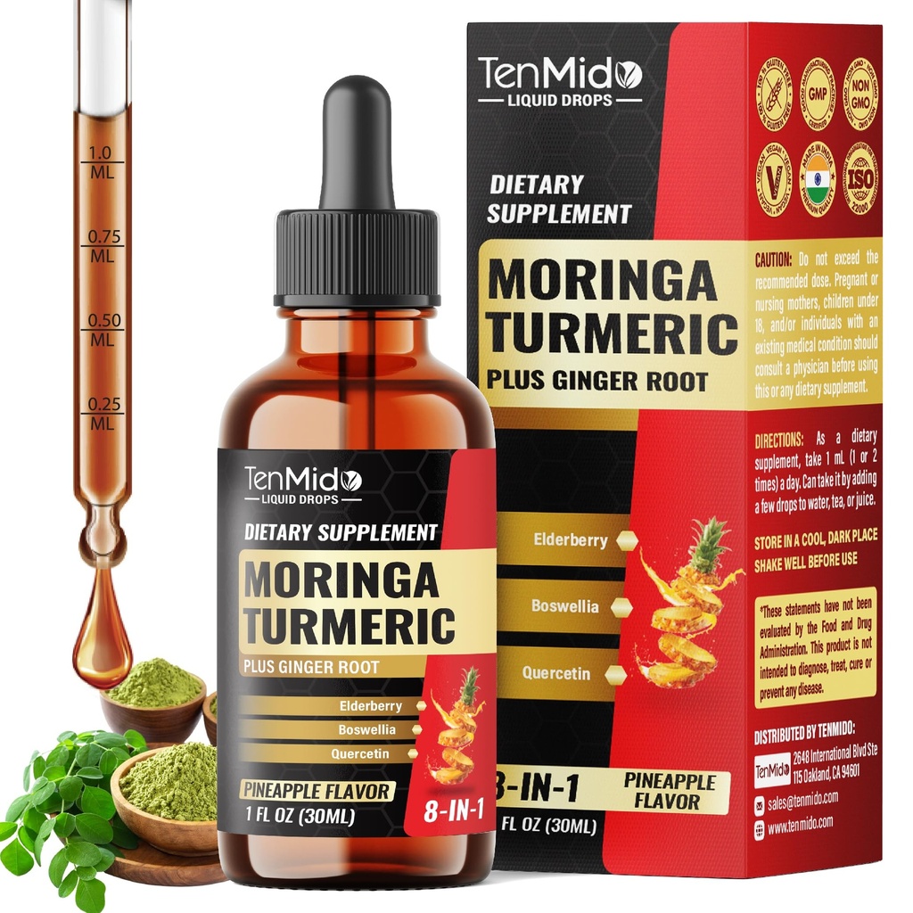 8in1 Moringa Leaf Liquid Drops with Turmeric, Ginger, Elderberry, Boswellia, Quercetin, Bromelain, Milk Thistle - Immune & Digestive Health Support - 30 Days Supply - 1 Fl Oz
