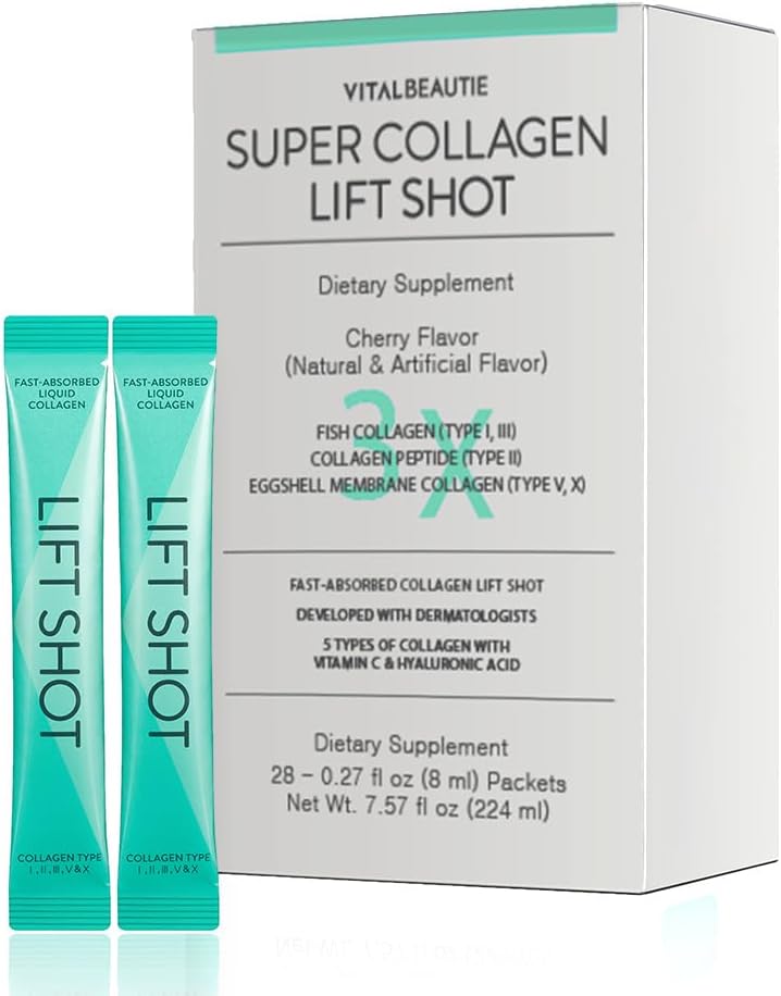 VITABEAUTIE Flydende kollagen til kvinder, SuperCollagen Lift Shot - Premium Multi Collagens Peptider type I, II, III, V, X 1500mg med Hyaluronic, C-vitamin, tredje part certificeret, Høj Absorption