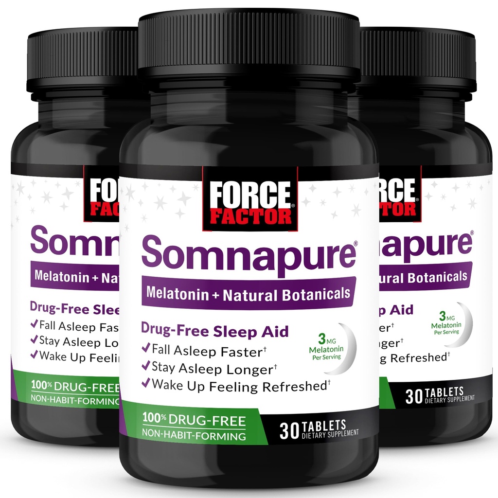 Force Factor Somnapure, 3-Pack, Sleep Support for Adults for Occasional Sleeplessness with Melatonin & Valerian, Non-Habit-Forming Sleeping Pills, Fall Asleep Faster, Wake Up Refreshed, 90 Tablets