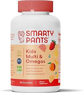SmartyPants Kids Multivitamin Gummies: Omega 3 Fish Oil (EPA / DHA), Vitamin D3, C, Vitamin B12, B6, A, K & Zink til immunforsvar, Biotin, Gluten Free, Three Fruit Flavors, 90 Greve (22 dages forsyning)