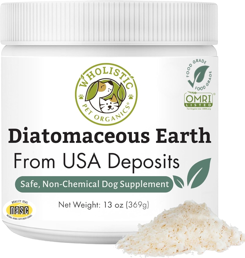 Wholistic Pet Organics Diatoméous Earth - Food Grade for Dogs & Cats - 13 Oz - Multi Use Powder - Pet Safe non-Chemical Ferskvandsperle Silica Understøtter den samlede sundhed - Freshly Made in USA