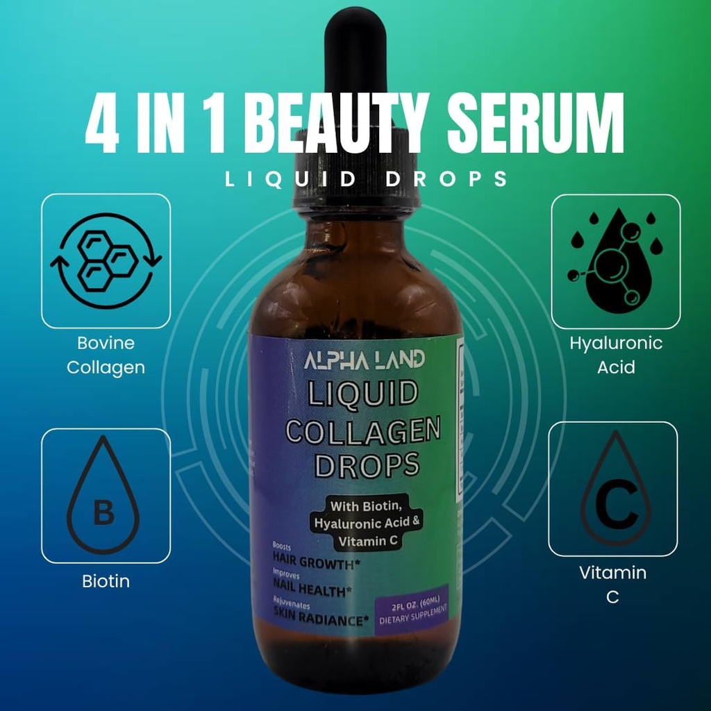 Liquid Collagen - Hyaluronic Acid, Biotin, Vitamin C, Skin Hydration, Hair Growth, Nail Strength - Anti-Aging Beauty Serum Supplement (Drop Form)