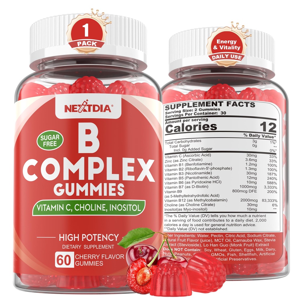Vitamin B Complex Gummies, Vegan Vitamin B Gummies med 2000 mcg Methyl B12, Methyl Folate Shape 124; Plus Cholin + Inositol, C-vitamin + Zink til støtte for energi, mad, immunforsvar, sundt hår, hud - 60 Cts