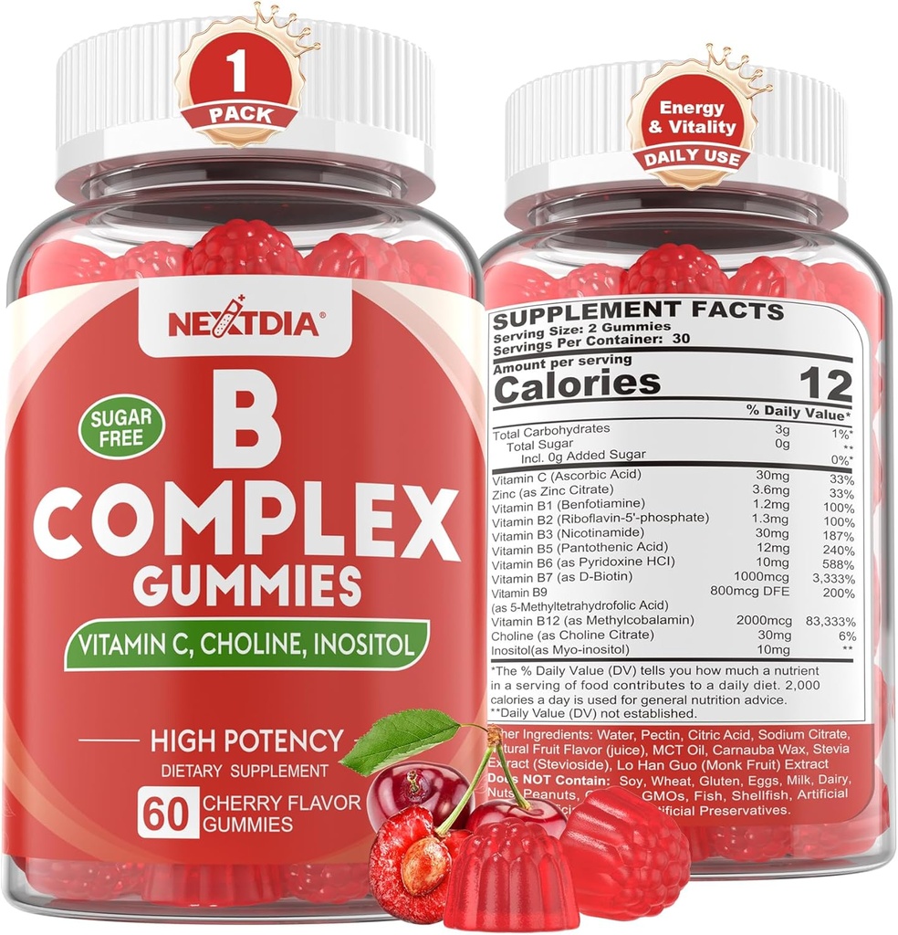 Vitamin B Complex Gummies, Vegan Vitamin B Gummies med 2000 mcg Methyl B12, Methyl Folate Shape 124; Plus Cholin + Inositol, C-vitamin + Zink til støtte for energi, mad, immunforsvar, sundt hår, hud - 60 Cts