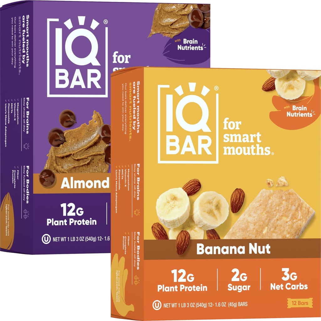 IQBAR Clean Plant Protein Bars - Almond Butter Chip + Banana Nut 12 Count Bundle - Keto, Vegan, High Fiber, Gluten and Dairy Free, Low Sugar Snack - Brain and Body Nutrients for Focus, Energy