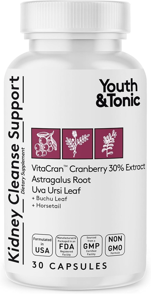 Youth & Tonic Kidney Cleanse & Detox Supplement with Cranberry Extract - Supports Urinary Tract Health, Bladder and Kidney Health - Vegan, Non-GMO - 30 Vegetarian Pills