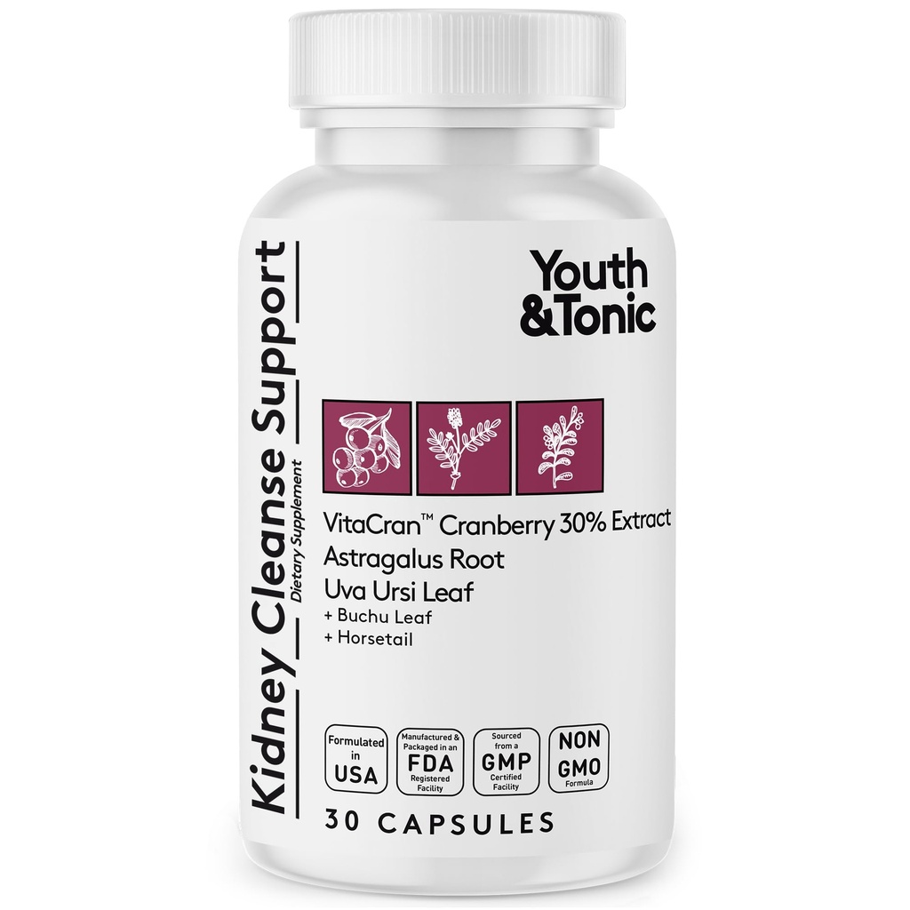 Youth & Tonic Nyre Cleanse & Detox tillæg med Cranberry Extract - Understøtter Urinary Tract Sundhed, Bstige og Nyre Sundhed - Vegan, Non- GMO - 30 Vegetariske piller