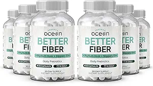 Organics Ocean Better Fiber - Daily Fiber Supplement - Smeltet afføring for Effors tarmbevægelser - med Psyllium Hulk og Slippery Elm - 6 flasker