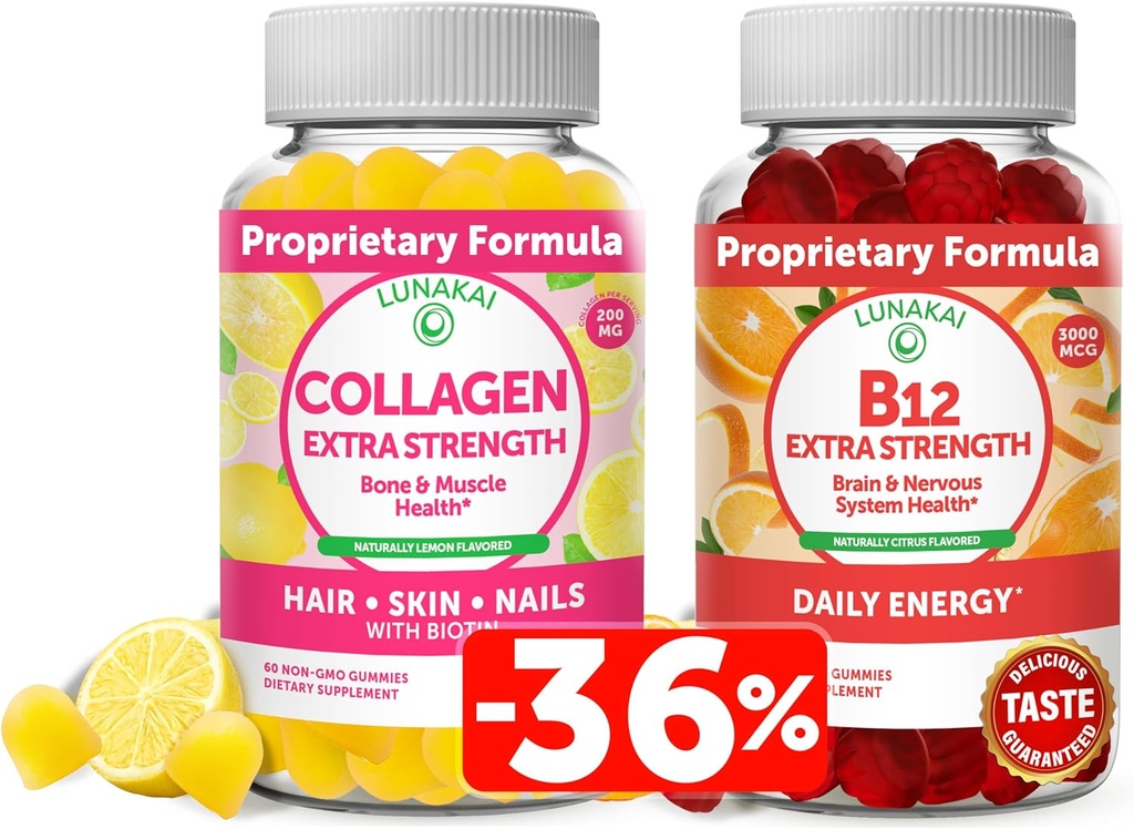 Lunakai Collagen & Biotin Gummies Bundle - Vitaminer for hår, hud og ungdommelige udseende - Non- GMO Anti Aging Protein Kosttilskud til mænd og kvinder - 30 dages forsyning