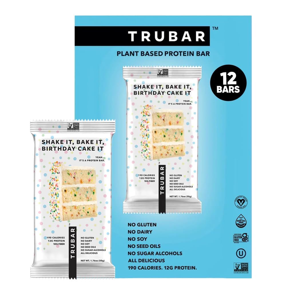 TRUBAR Vegan Protein Bar, Shake it Bake it Birthday Cake it, Gluten Free, Plant Based Protein, Dairy Free, Non GMO, Soy Free, No Sugar Alcohols, 12G Protein, 12G Fiber, 23G Carb, Snack Bars, 12ct