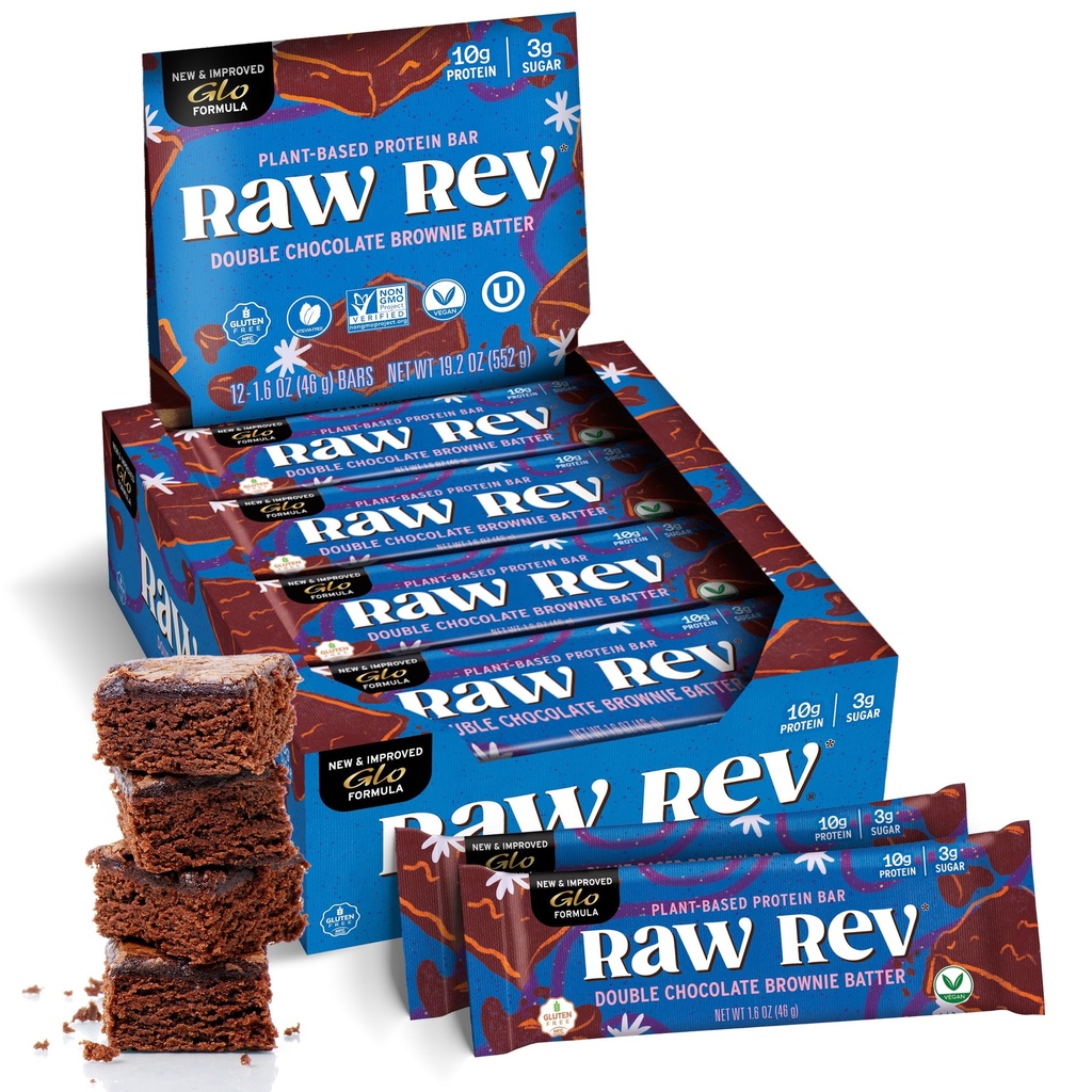 Raw Rev Vegan Protein Bars- Double Chocolate Brownie Batter, 12 bars, Non-GMO, Plastic-Neutral, Nothing Artificial, Glo Formula, Gluten-Free, Keto-Friendly, Paleo, Kosher, No Sugar Alcohols, No Stevia.